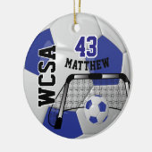 Aangepast donkerblauw en wit Voetbal personalisere Keramisch Ornament (Links)