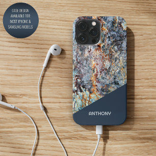 Aangepast donkerblauw rood tan zwart namaak marmer iPhone 15 pro max hoesje