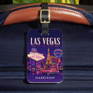 Aangepast donkerpaars USA Los Vegas Nevada Nachtle Bagagelabel