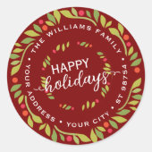 Aangepast donkerrood Holly Berries Groene bladeren Ronde Sticker (Voorkant)