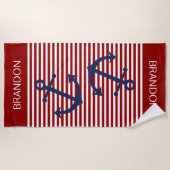 Aangepast, donkerrood, wit, preppy stripes patroon strandlaken (Voorkant)