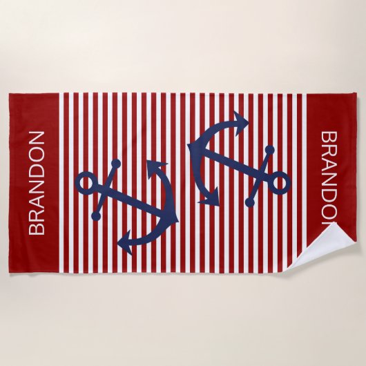 Aangepast, donkerrood, wit, preppy stripes patroon strandlaken (Voorkant)