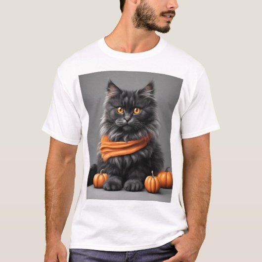 Aangepast donzig grijs Halloween kat wit T-shirt (Voorkant)