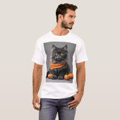 Aangepast donzig grijs Halloween kat wit T-shirt (Voorkant volledig)