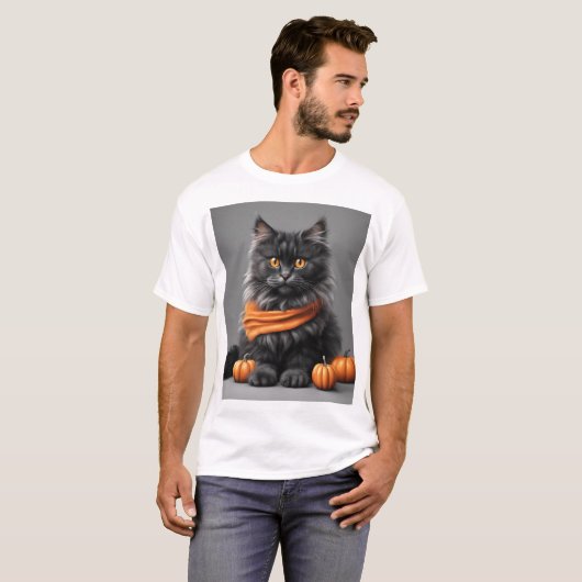 Aangepast donzig grijs Halloween kat wit T-shirt (Voorkant volledig)