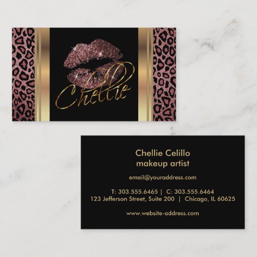 Aangepast - Dusty Roos Glitter Lips op luipaarhuid Visitekaartje (Voorkant / Achterkant)