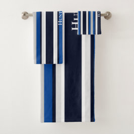 Aangepast eenvoudig donkerblauw gestreept maritiem bad handdoek