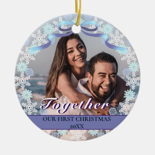 Aangepast eerste kerstfeest samen met Paarse sneeu Keramisch Ornament (Voorkant)