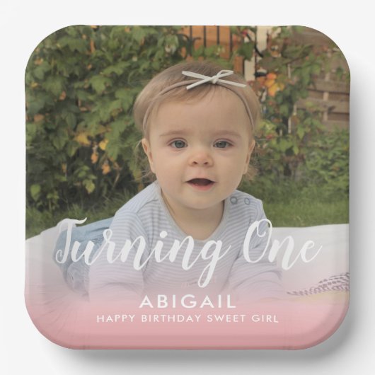 Aangepast eerste verjaardag Fotoroze Papieren Bordje (Voorkant)