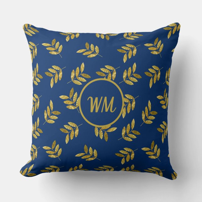 Aangepast Elegant Gold Foliage Blue Kussen (Voorkant)