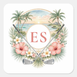 Aangepast Elegant Monogram Strand Kust Golf Thema Vierkante Sticker