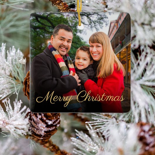 Aangepast elegant script voor 2-bits foto-kerstmis keramisch ornament