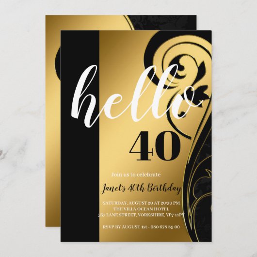 Aangepast elegant zwart-wit en gouden Hallo 40-par Kaart (Voorkant / Achterkant)
