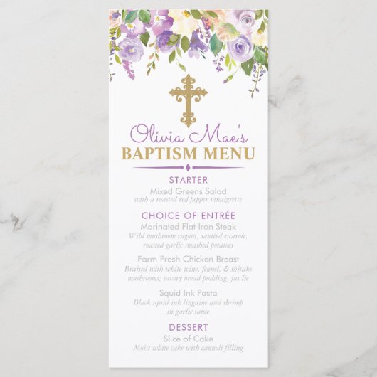 Aangepast evenement Paarse Peony Girl Baptism Menu (Voorkant)