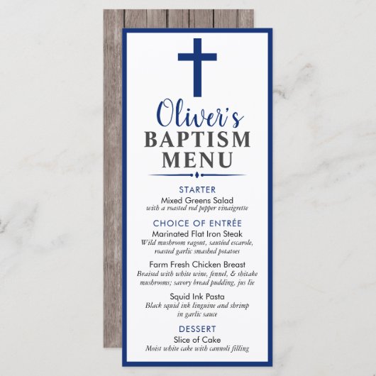 Aangepast evenement voor Navy en Wood Rustic Boy B Menu (Voorkant / Achterkant)