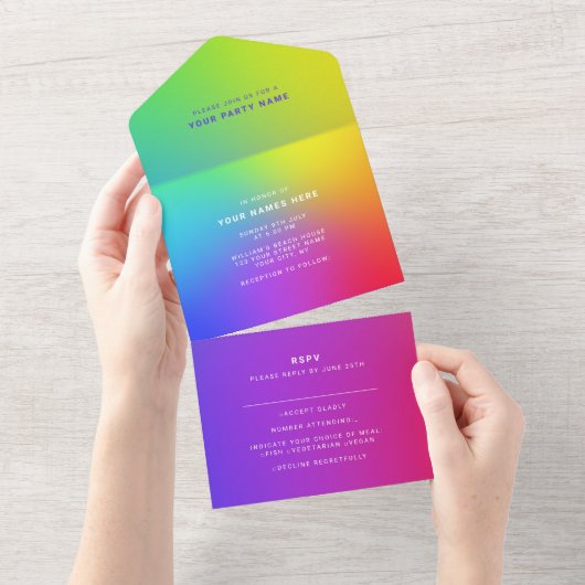 Aangepast Eyecatching Rainbow Modern Elegant All In One Uitnodiging (Afscheurbaar)