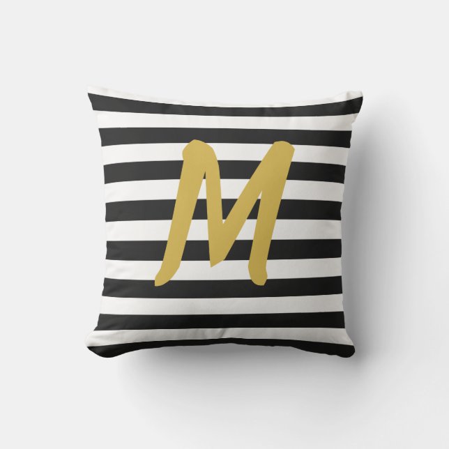Aangepast Faux Gold Monogram op zwart-wit Buitenkussen (Voorkant)