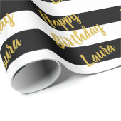 Aangepast Faux Gold Script op zwarte en witte stre Cadeaupapier (Rol Hoek)