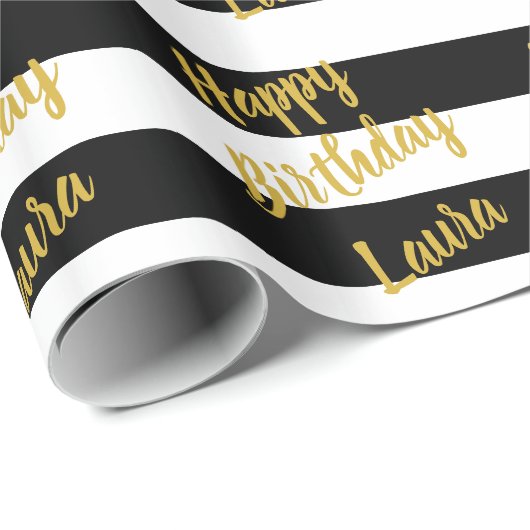 Aangepast Faux Gold Script op zwarte en witte stre Cadeaupapier (Rol Hoek)