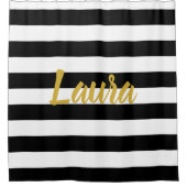 Aangepast Faux Gold-script | Zwarte en witte strep Douchegordijn (Voorkant)