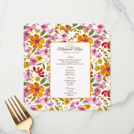 Aangepast feestmenu roze oranje rood bloemmotief menu (Voorkant / Achterkant in situ)