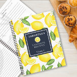 Aangepast flessenpatroon Citrus Lemon Notitieboek<br><div class="desc">Dit citroenvormig ontwerp en een blauw vierkant op de voorzijde waar u het kunt aanpassen met jouw naam,  het doel,  en het volume als u dat wilt.</div>