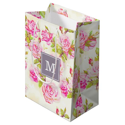 Aangepast flessenpatroon oud Roos monogram M cadea Medium Cadeauzakje (Voorkant Gekanteld)