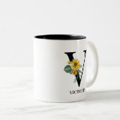 Aangepast Floral Alphabet V Monogram Tweekleurige Koffiemok (Voorkant rechts)