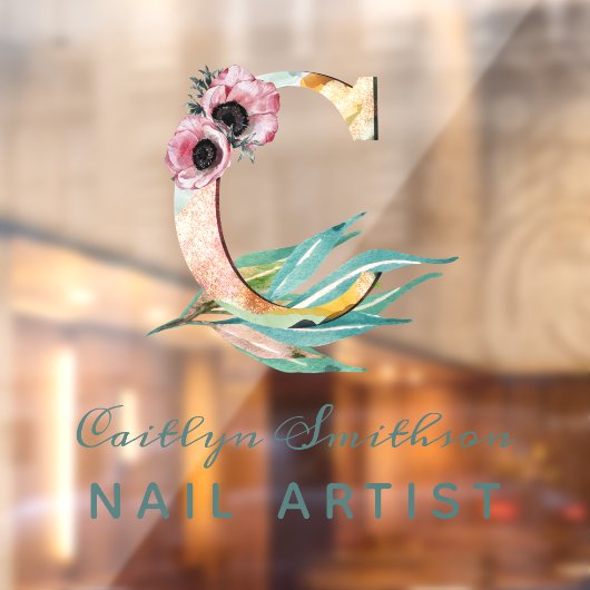 Aangepast Floral C Letter Waterverf Foliage Monogr Raamsticker (Vel 2)