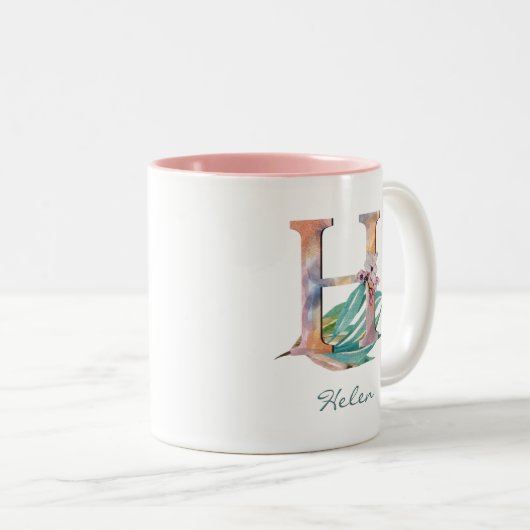 Aangepast Floral H Letter Waterverf Foliage Monogr Tweekleurige Koffiemok (Voorkant rechts)
