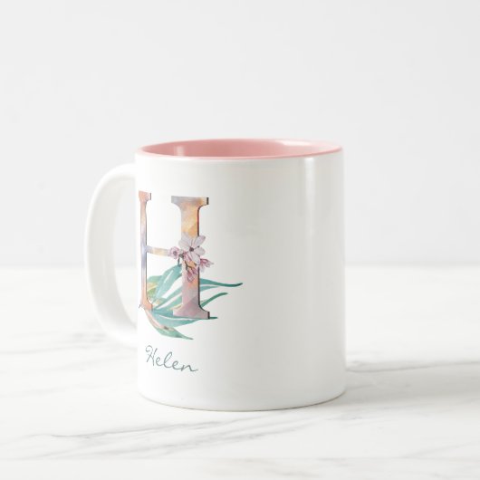 Aangepast Floral H Letter Waterverf Foliage Monogr Tweekleurige Koffiemok (Voorkant links)