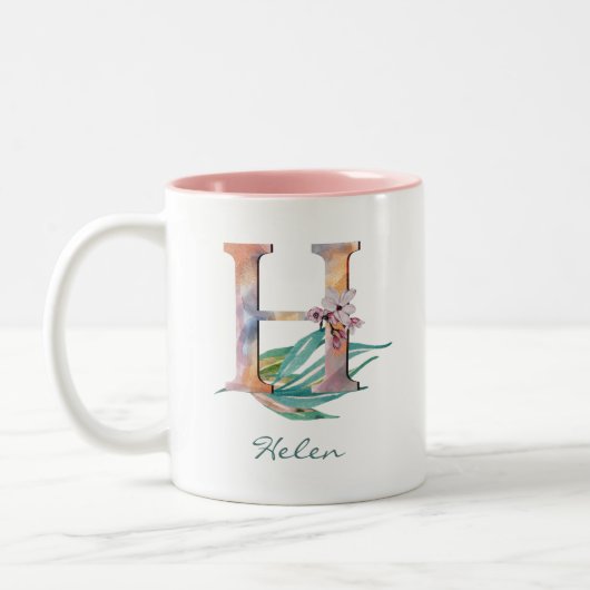 Aangepast Floral H Letter Waterverf Foliage Monogr Tweekleurige Koffiemok (Links)