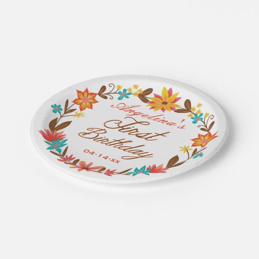 Aangepast Floral met 1e verjaardag Bord papier (Gekanteld)