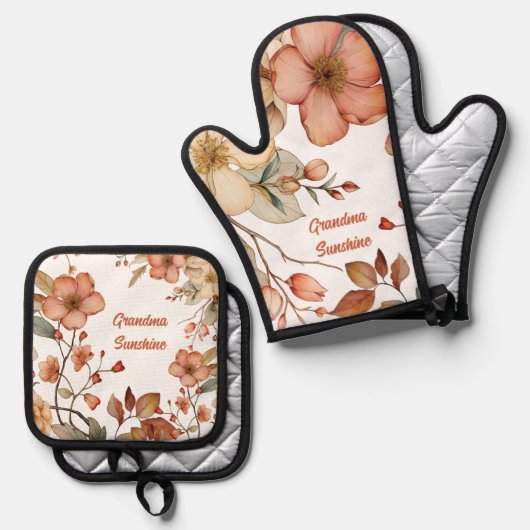 Aangepast Floral Monogram Ovenwant & Pannenlap Set (Voorkant / Achterkant)