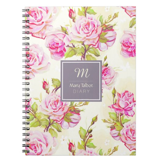 Aangepast Floral Pattern Old Roos Monogram Notitie Notitieboek (Voorkant)