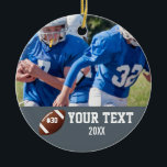 Aangepast Football Fotonaam en -nummer Keramisch Ornament<br><div class="desc">Voeg de foto,  de naam en het nummer van uw speler toe aan dit aangepaste football. Het maakt een geweldig geschenk voor het einde van het seizoen om al zijn harde werk en toewijding te vieren. Bekijk onze andere sportgerelateerde design door op de Colorfulgalshop logo hieronder te klikken.</div>