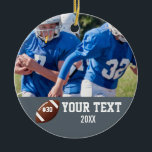 Aangepast Football Fotonaam en -nummer Keramisch Ornament<br><div class="desc">Voeg de foto,  de naam en het nummer van uw speler toe aan dit aangepaste football. Het maakt een geweldig geschenk voor het einde van het seizoen om al zijn harde werk en toewijding te vieren. Bekijk onze andere sportgerelateerde design door op de Colorfulgalshop logo hieronder te klikken.</div>