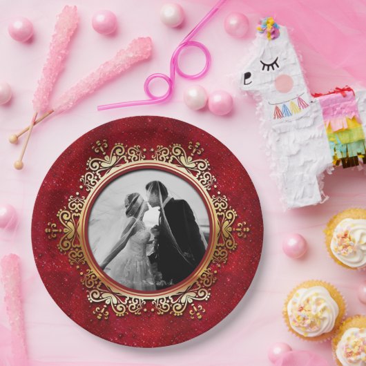 Aangepast foto Elegant Red Gold Roos druppels Papieren Bordje (Feest)