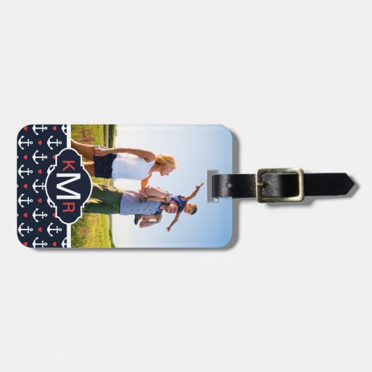 Aangepast foto- en monogram-scherm en ankerpatroon bagagelabel (Voorkant horizontaal)