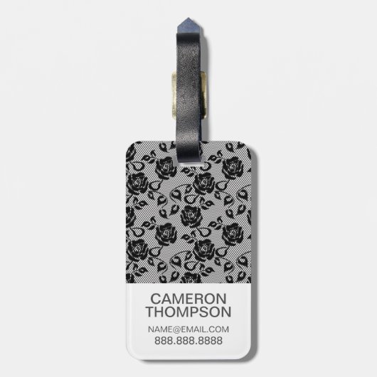 Aangepast foto- en monogram zwarte kant patroon bagagelabel (Achterkant verticaal)