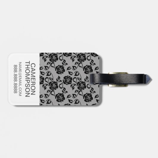 Aangepast foto- en monogram zwarte kant patroon bagagelabel (Achterkant horizontaal)