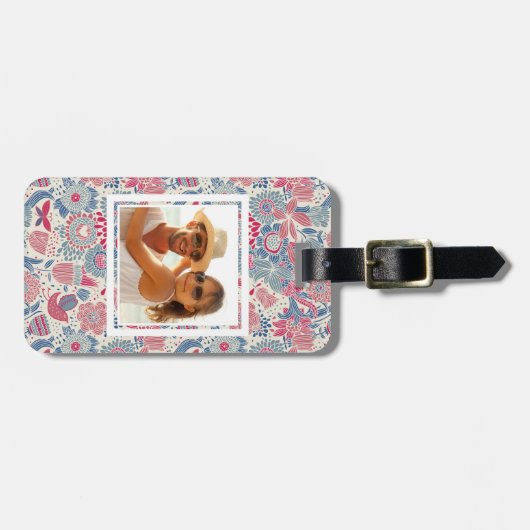 Aangepast foto-Floral patroon met vogel en vlinder Bagagelabel (Voorkant horizontaal)