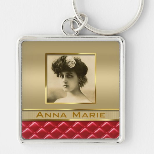 Aangepast foto-Lijst Faux Gold Quiled Red Leather Sleutelhanger (Voorkant)