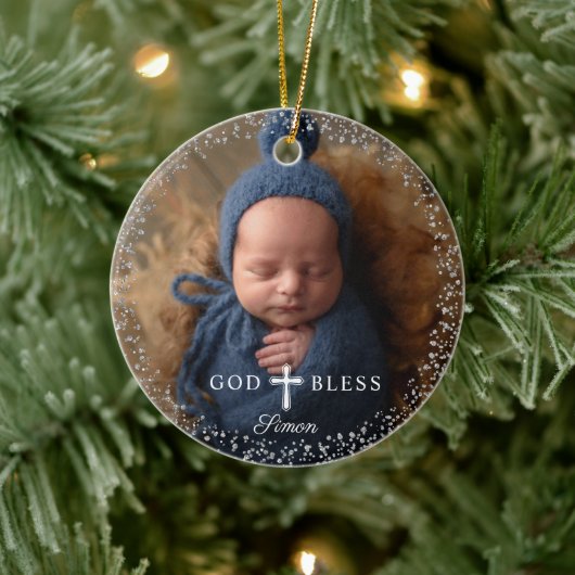 Aangepast foto-reliëf Baptism Navy Blue Silver Keramisch Ornament (Boom)