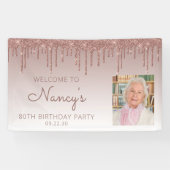 Aangepast foto-Roos Gold Glitter Drip 80th Birthda Spandoek (Horizontaal)