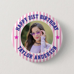 Aangepast foto streeppatroon Gelukkig Verjaardag Ronde Button 5,7 Cm