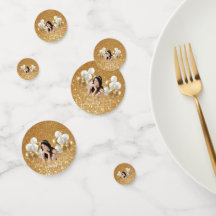 Aangepast foto verjaardag tafelconfetti goud & wit