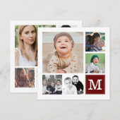 Aangepast fotocollage 10 foto's rood monogram feestdagenkaart (Voorkant / Achterkant)