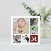 Aangepast fotocollage 10 foto's rood monogram feestdagenkaart (Staand voorkant)