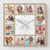 Aangepast fotocollage Besties Gold Glitter Vierkante Klok (Voorkant)